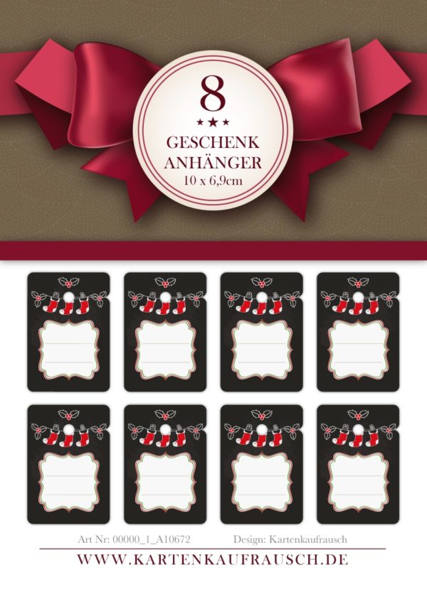 8 klassische Weihnachts Geschenkanhänger Tags zu Weihnachten im Tafel Look mit Weihnachtsmann Socken zum Beschriften, Format 10 x 6,9cm