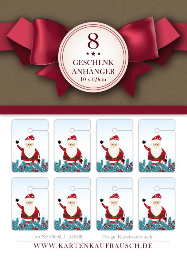8 süße Weihnachts Geschenkanhänger Tags zu Weihnachten mit winkendem Weihnachtsmann und Winter Grün, Format 10 x 6,9cm