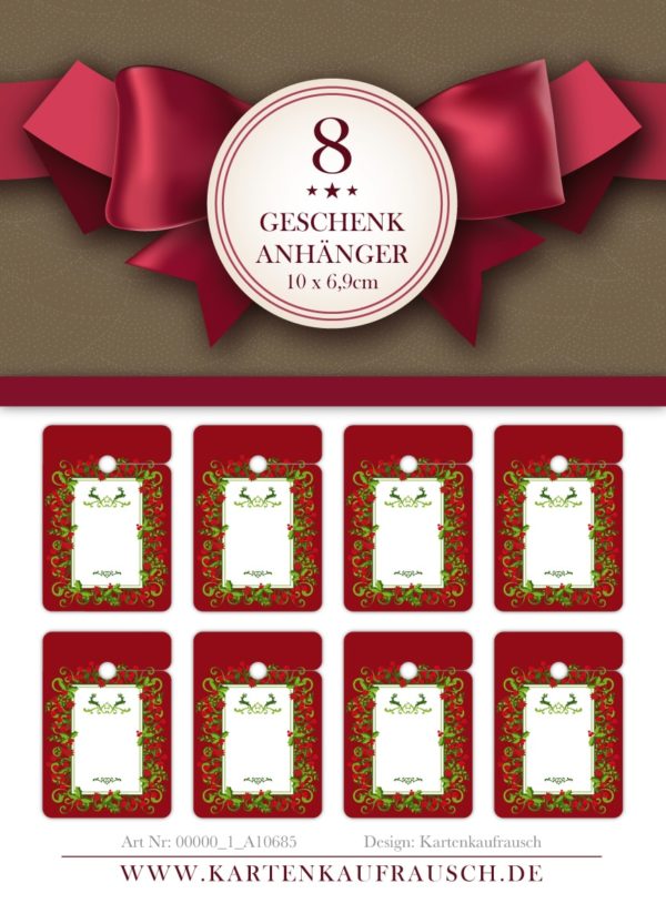 8 klassische rote Weihnachts Geschenkanhänger Tags zu Weihnachten mit Hirschen und roten Beeren zum Beschriften, Format 10 x 6,9cm
