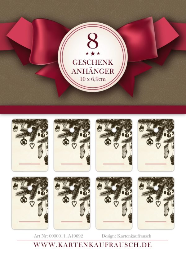 8 klassisch handgemalte Weihnachts Geschenkanhänger Tags zu Weihnachten mit Ornamenten zum Beschriften, Format 10 x 6,9cm