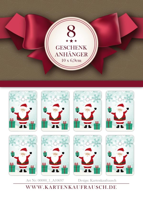 8 fröhliche Weihnachts Geschenkanhänger Tags zu Weihnachten mit winkendem Weihnachtsmann Santa Claus im Schnee mit Geschenken, Format 10 x 6,9cm
