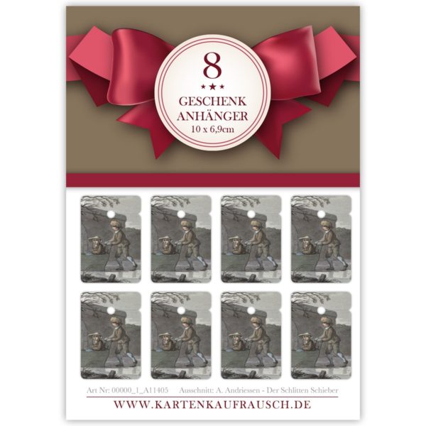 8 Winter Geschenkanhänger Tags, Format 6,9 x 10cm mit Schlitten Päarchen