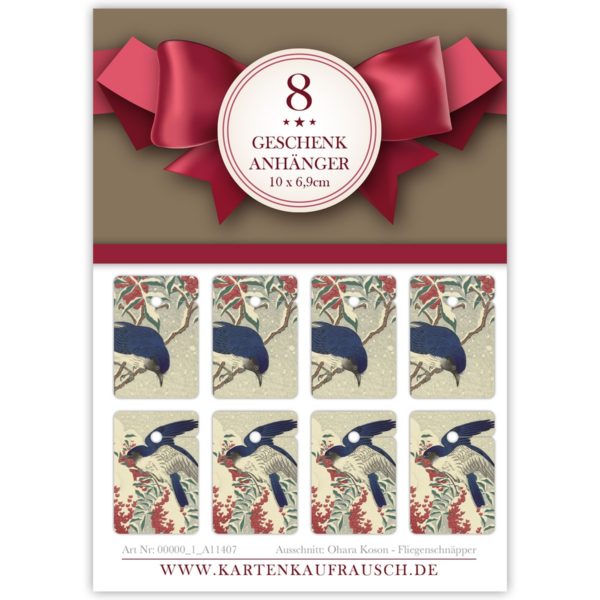 8 Japanische Winter Geschenkanhänger Tags, Format 6,9 x 10cm mit Fliegenschnäpper (2 Motive)