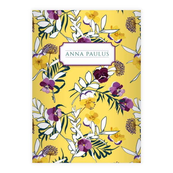 Kartenkaufrausch: Blumen Notizheft/ Schulheft mit Stiefmütterchen aus unserer floralen Papeterie in gelb mit Ihrem Text