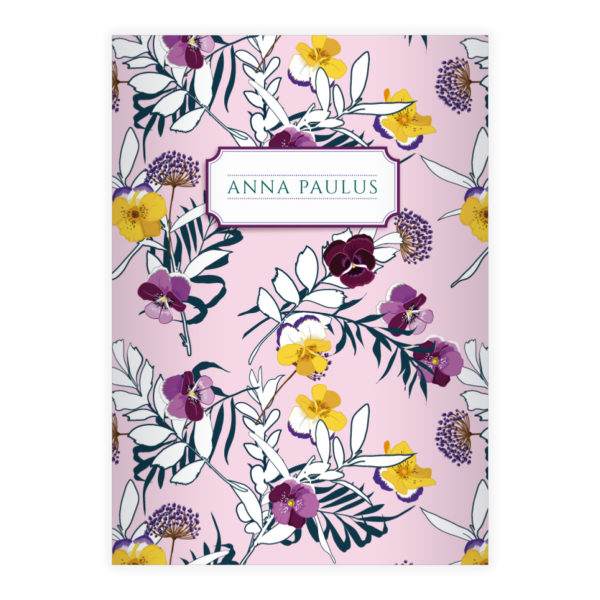 Kartenkaufrausch: Blumen Notizheft/ Schulheft mit Stiefmütterchen aus unserer floralen Papeterie in rosa mit Ihrem Text