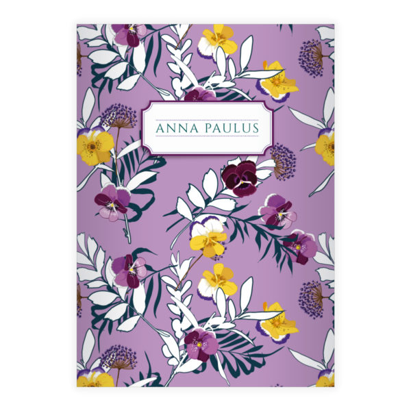 Kartenkaufrausch: Blumen Notizheft/ Schulheft mit Stiefmütterchen aus unserer floralen Papeterie in lila mit Ihrem Text
