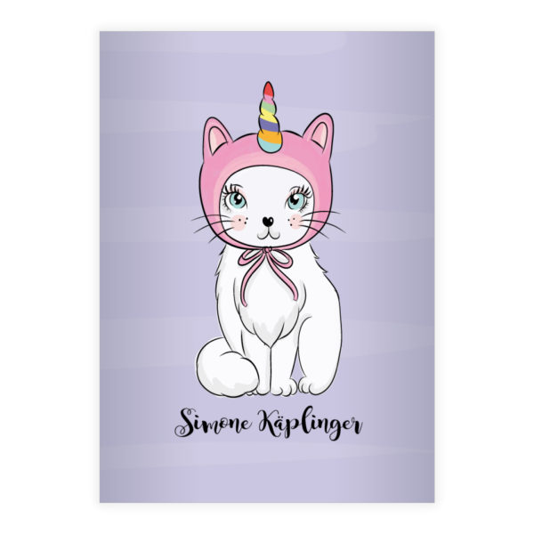 Kartenkaufrausch: Katzen Notizheft/ Schulheft mit Einhorn aus unserer Kinder Papeterie in lila mit Ihrem Text