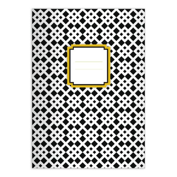 Elegant grafisches Schulheft in schwarz weiß, Etikett: gelb