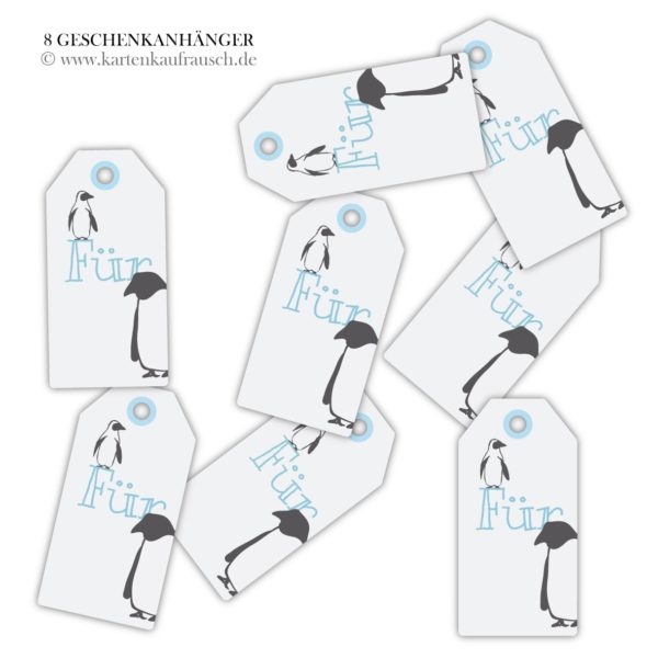 Hänge Etiketten: Pinguin Geschenkanhänger zum Beschriften aus unserer Weihnachts Papeterie in hellblau