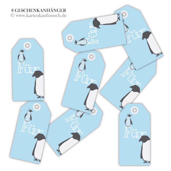 Hänge Etiketten: coole Pinguin Geschenkanhänger aus unserer Weihnachts Papeterie in hellblau