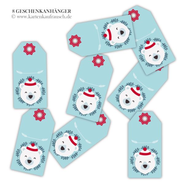 Hänge Etiketten: süße Eisbären Geschenkanhänger aus unserer Weihnachts Papeterie in hellblau