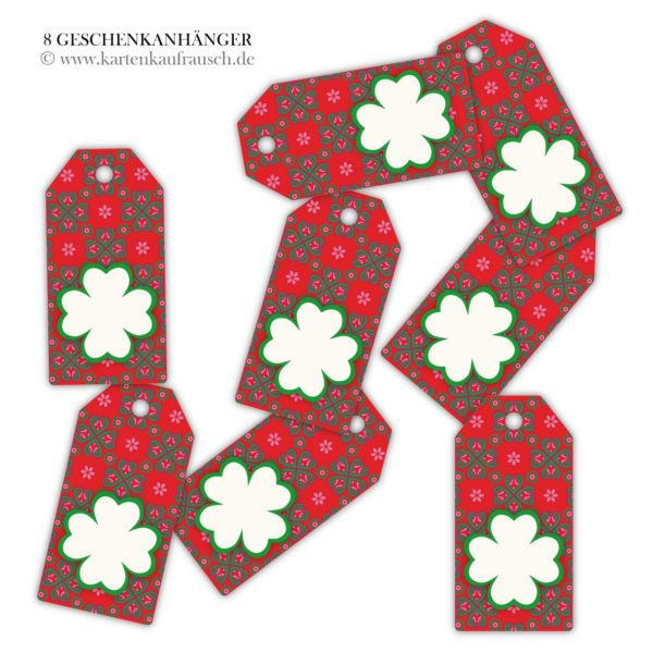 Hänge Etiketten: Glücks Geschenkanhänger mit Kleeblatt aus unserer florale Papeterie in rot