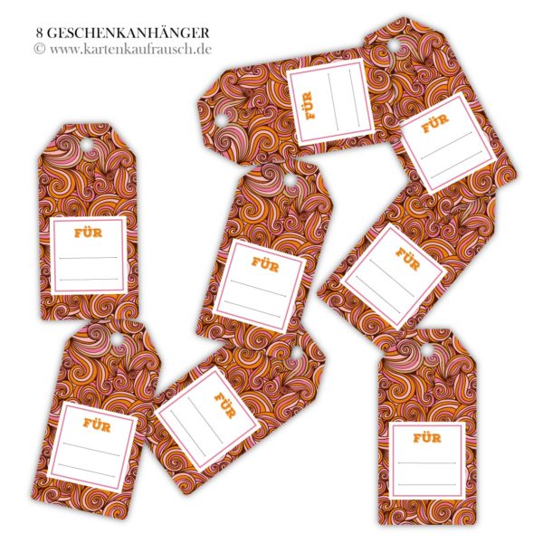 Hänge Etiketten: coole orange Doodle Geschenkanhänger aus unserer 70er Papeterie in orange