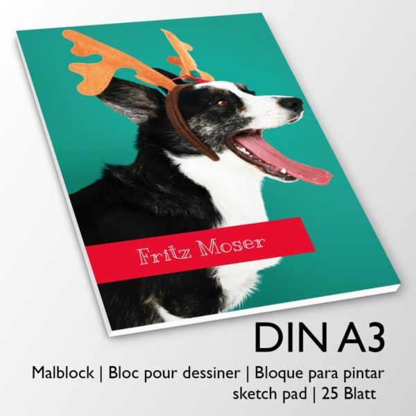 Kartenkaufrausch Zeichenblock in grün: Malblock Motiv "Weihnachts Hund"