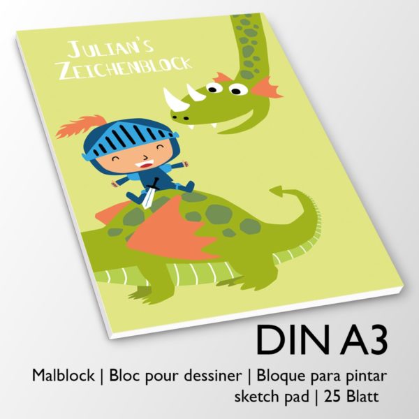 Kartenkaufrausch Zeichenblock in grün: Drachen DIN A3 Malblock für Kinder