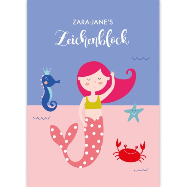 Personalisierbare Zeichenblöcke in rosa: Malblock mit kleiner Meerjungfrau