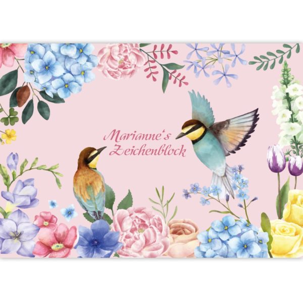 Personalisierbare Zeichenblöcke in rosa: Malblock mit Vögeln und Blüten