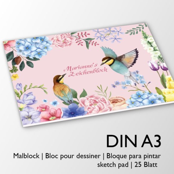 Kartenkaufrausch Zeichenblock in rosa: Malblock mit Vögeln und Blüten