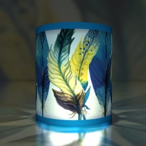 Kartenkaufrausch dekorative Transparentlichter mit Feder Motiv in blau