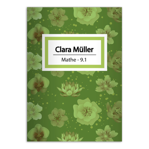 Kartenkaufrausch: Schulhefte mit leichten Blüten aus unserer Schul Papeterie in grün mit Ihrem Text