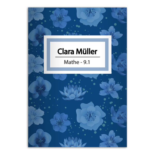 Kartenkaufrausch: Schulhefte mit leichten Blüten aus unserer Schul Papeterie in blau mit Ihrem Text