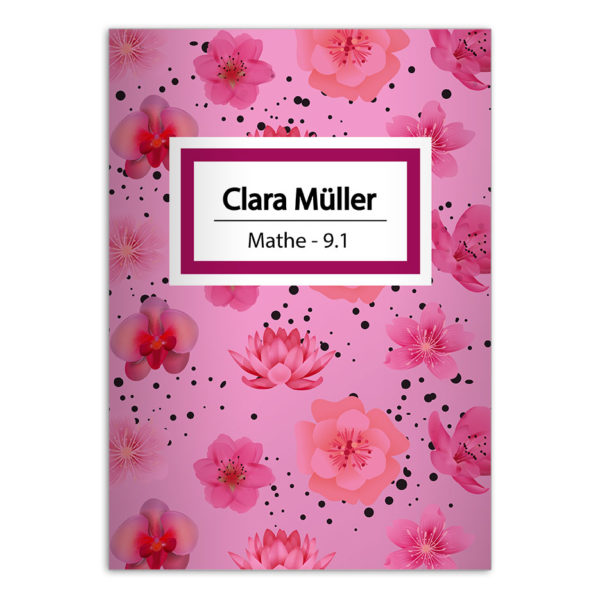 Kartenkaufrausch: Schulhefte mit leichten Blüten aus unserer Schul Papeterie in rosa mit Ihrem Text