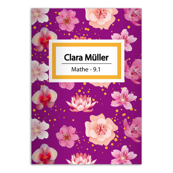 Kartenkaufrausch: Schöne Schulhefte mit leichten Blüten aus unserer Schul Papeterie in lila mit Ihrem Text