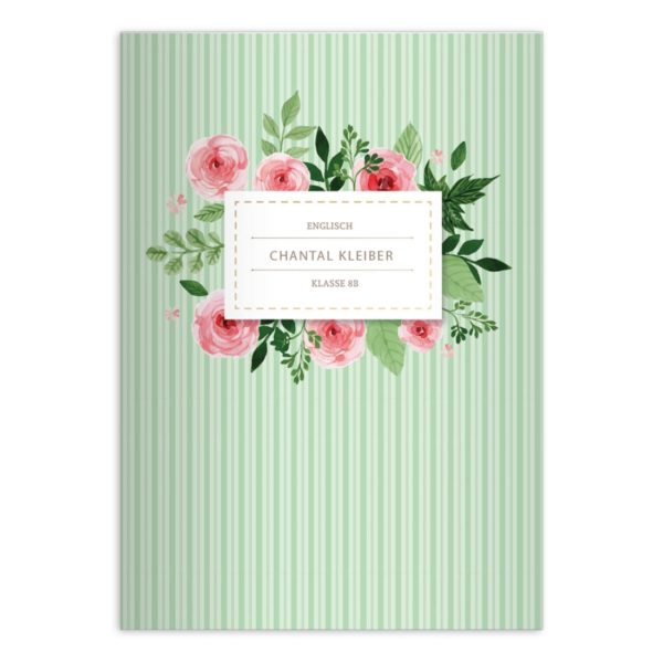 Kartenkaufrausch: Vintage Notizheft/ Schulheft mit Rosen aus unserer floralen Papeterie in grün mit Ihrem Text