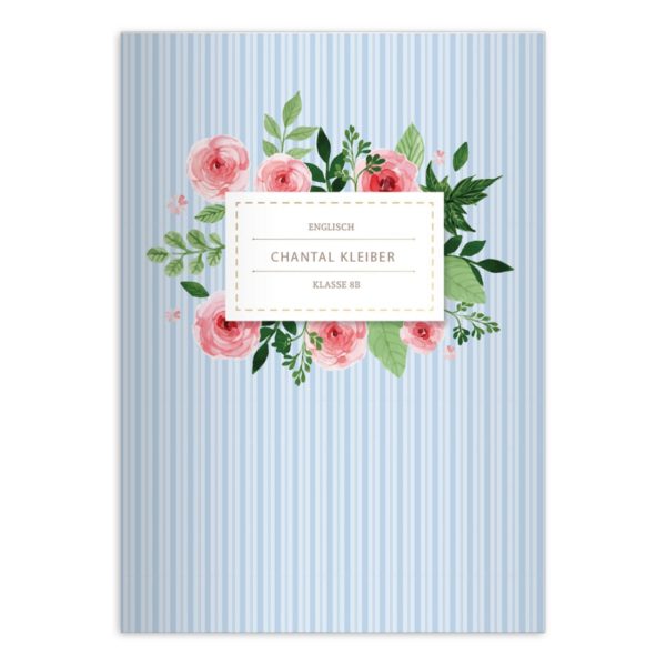 Kartenkaufrausch: Romantisches Vintage Notizheft/ Schulheft aus unserer floralen Papeterie in hellblau mit Ihrem Text