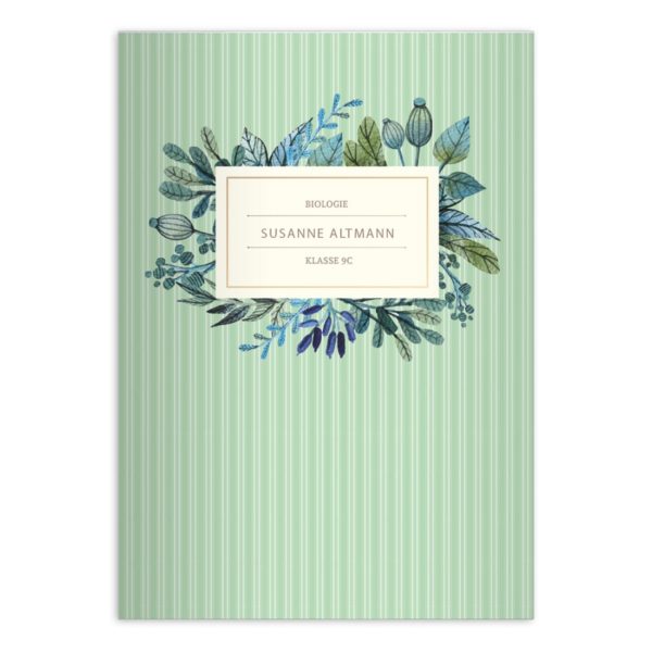 Kartenkaufrausch: Herbstliches Vintage Notizheft/ Schulheft aus unserer floralen Papeterie in grün mit Ihrem Text