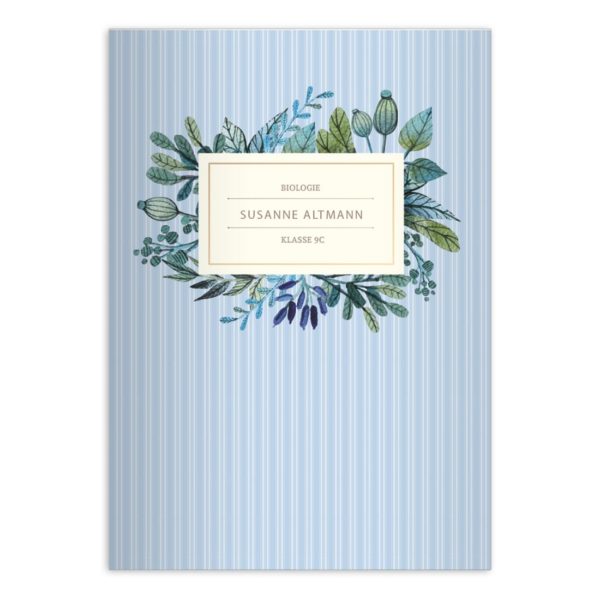 Kartenkaufrausch: Vintage Notizheft/ Schulheft mit Blättern aus unserer floralen Papeterie in hellblau mit Ihrem Text