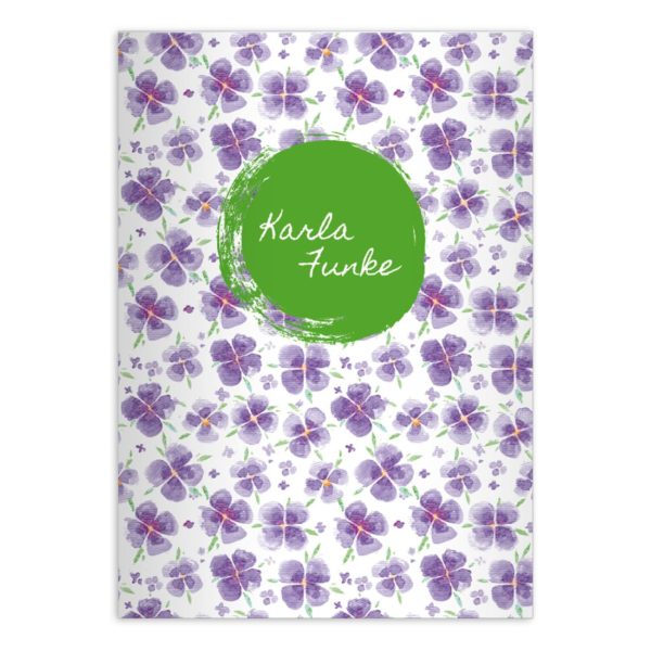 Kartenkaufrausch: Glücksbringendes Blüten Notizheft/ Schulheft aus unserer floralen Papeterie in lila mit Ihrem Text