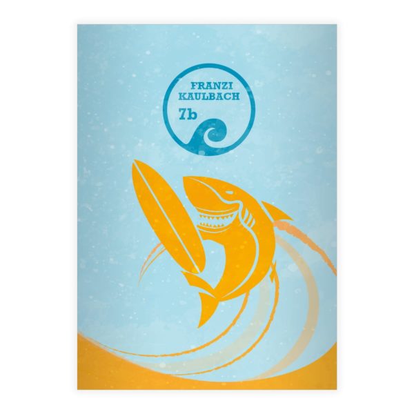 Kartenkaufrausch: Surfer Notizheft/ Schulheft mit Hai aus unserer Schul Papeterie in hellblau mit Ihrem Text