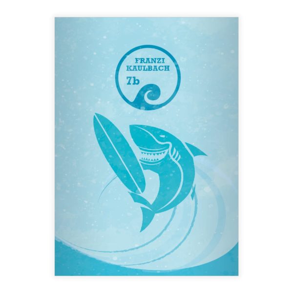 Kartenkaufrausch: Surfer Notizheft/ Schulheft mit Hai aus unserer Schul Papeterie in hellblau mit Ihrem Text