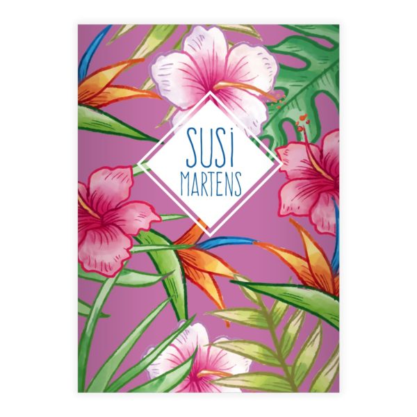 Kartenkaufrausch: Sommerliches Hawaii Notizheft/ Schulheft aus unserer floralen Papeterie in lila mit Ihrem Text