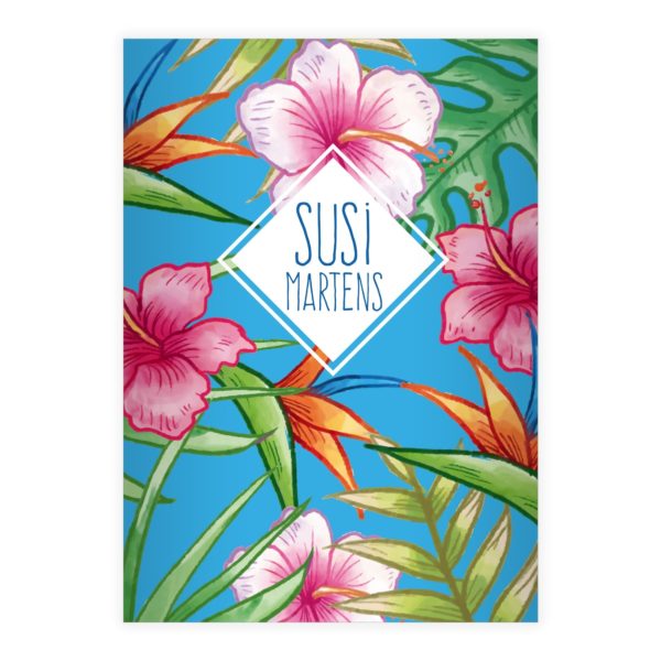 Kartenkaufrausch: Sommerliches Hawaii Notizheft/ Schulheft aus unserer floralen Papeterie in hellblau mit Ihrem Text