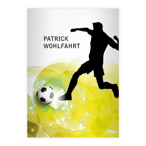 Kartenkaufrausch: Fußball Notizheft/ Schulheft mit Fußball aus unserer Schul Papeterie in gelb mit Ihrem Text