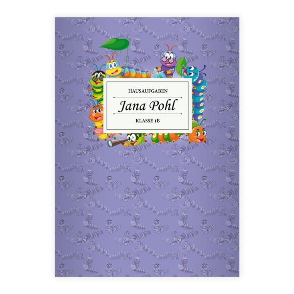 Kartenkaufrausch: Lustiges Raupen Notizheft/ Schulheft aus unserer Kinder Papeterie in lila mit Ihrem Text