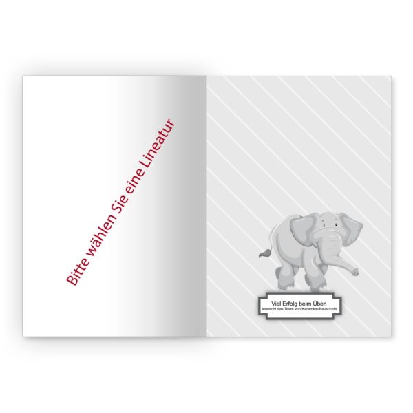 Süßes Comic Elefanten Notizheft/ Schulheft auf buntem grafischen Muster, grau