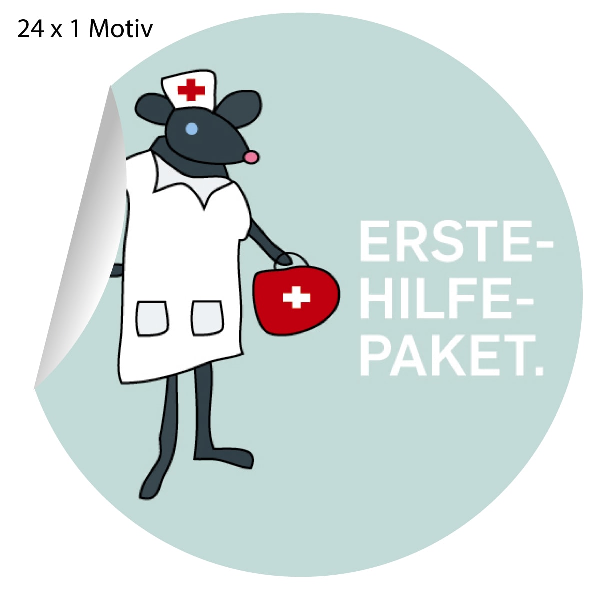 24 erste Hilfe Aufkleber mit Krankenschwester Maus, MATTE Papieraufkleber  (ø 45mm; 1 Motiv): Erste Hilfe Paket 