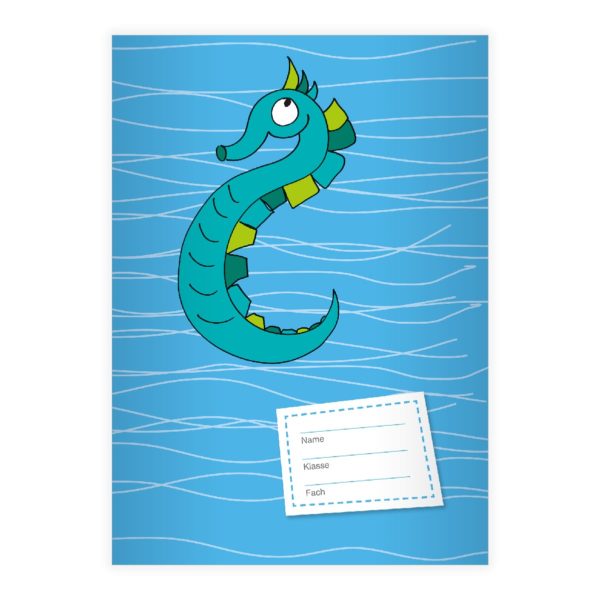 Kartenkaufrausch: Seepferdchen Notizheft/ Schulheft auf Wellen aus unserer Schul Papeterie in hellblau