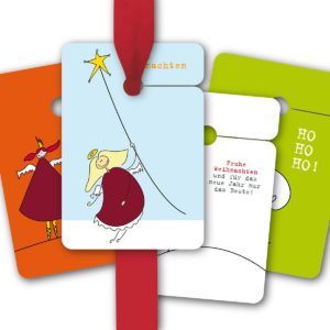 Hänge Etiketten: 8 Geschenkanhänger mit komischen Weihnachtsmännern aus unserer Weihnachts Papeterie in multicolor