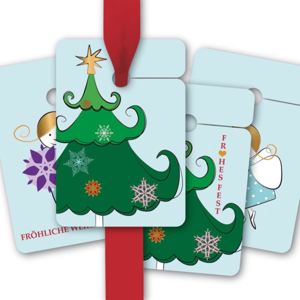 Hänge Etiketten: 8 Geschenkanhänger mit Tannenbaum aus unserer Weihnachts Papeterie in hellblau