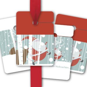 Hänge Etiketten: Geschenkanhänger mit lustig hetzendem Weihnachtsmann aus unserer Weihnachts Papeterie in rot