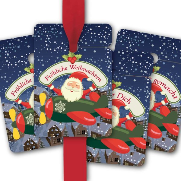 Hänge Etiketten: 8 Geschenkanhänger mit Weihnachtsmann aus unserer Weihnachts Papeterie in rot