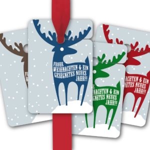 Hänge Etiketten: Geschenkanhänger mit Elch aus unserer Weihnachts Papeterie in hellblau