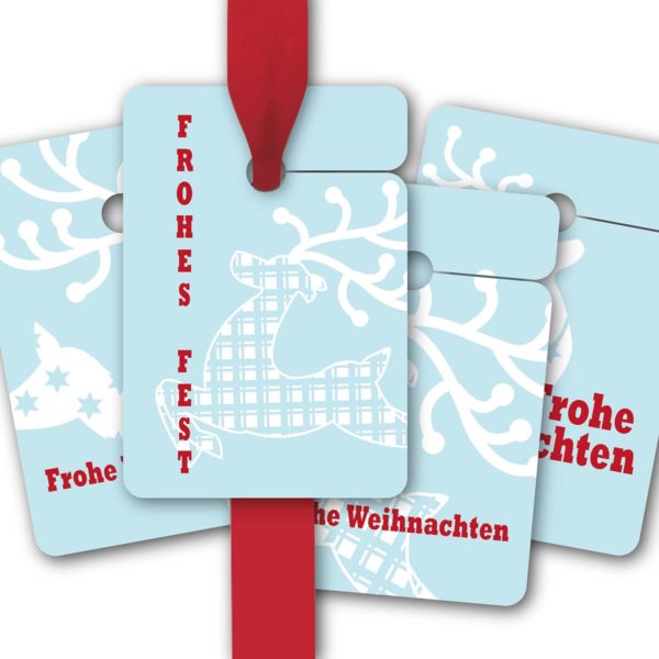 Hänge Etiketten: Geschenkanhänger mit Designer Hirschen aus unserer Weihnachts Papeterie in hellblau