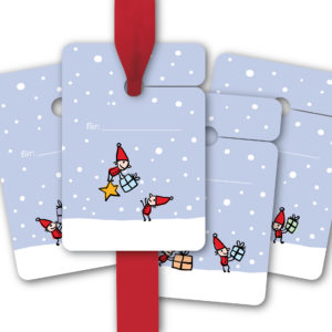 Hänge Etiketten: Weihnachts Geschenkanhänger mit fröhlichen Wichteln aus unserer Weihnachts Papeterie in lila