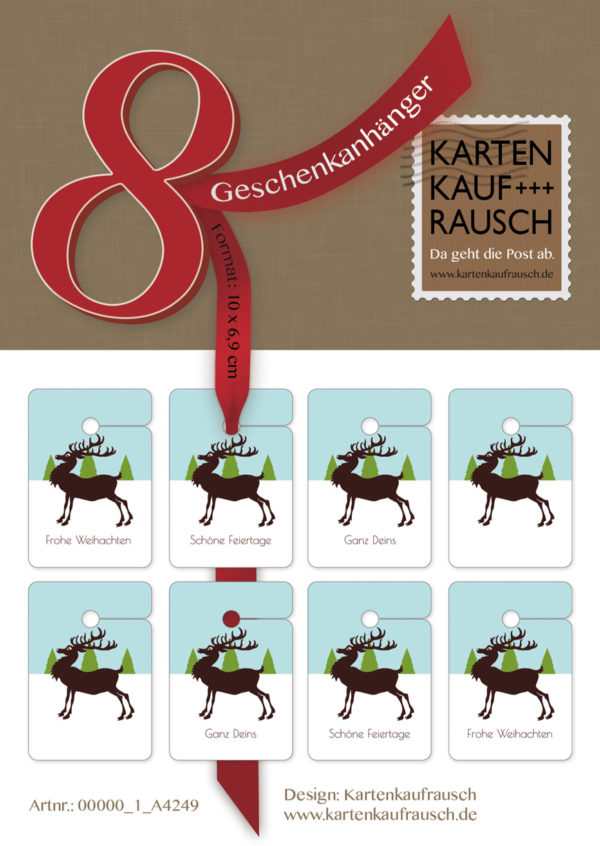 8 schöne Hirsch Weihnachts Geschenkanhänger, hellblau: Frohe Weihnachten | Schöne Festtage | Ganz Deins