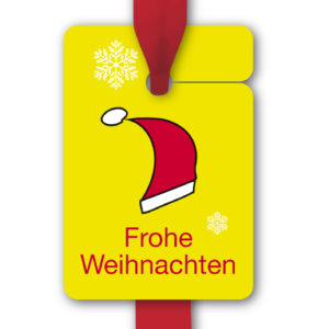 Hänge Etiketten: Geschenkanhänger mit Nikolaus Mütze aus unserer Weihnachts Papeterie in gelb